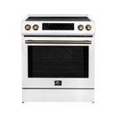 Forno 5-Piece Appliance Package - 30-Inch Induction Range, Under Cabinet Range Hood, Refrigerator with Water Dispenser, Dishwasher, and  Microwave Drawer in White with Antique Brass Trim