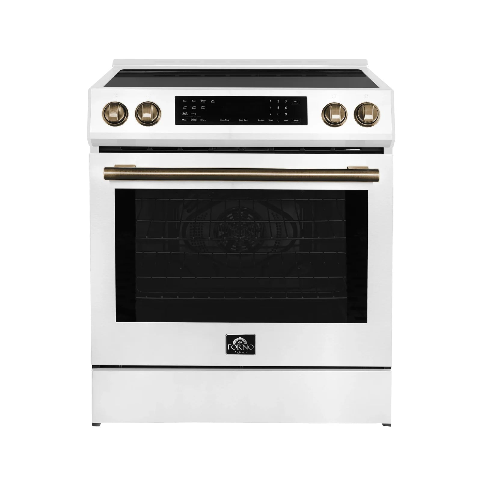 White electric range with black glass oven door and antique brass control knobs