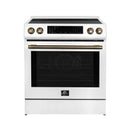 Forno Espresso 4-Piece Appliance Package - 30-Inch Induction Range, Under Cabinet Range Hood, Refrigerator with Water Dispenser and Dishwasher in White with Antique Brass Trim