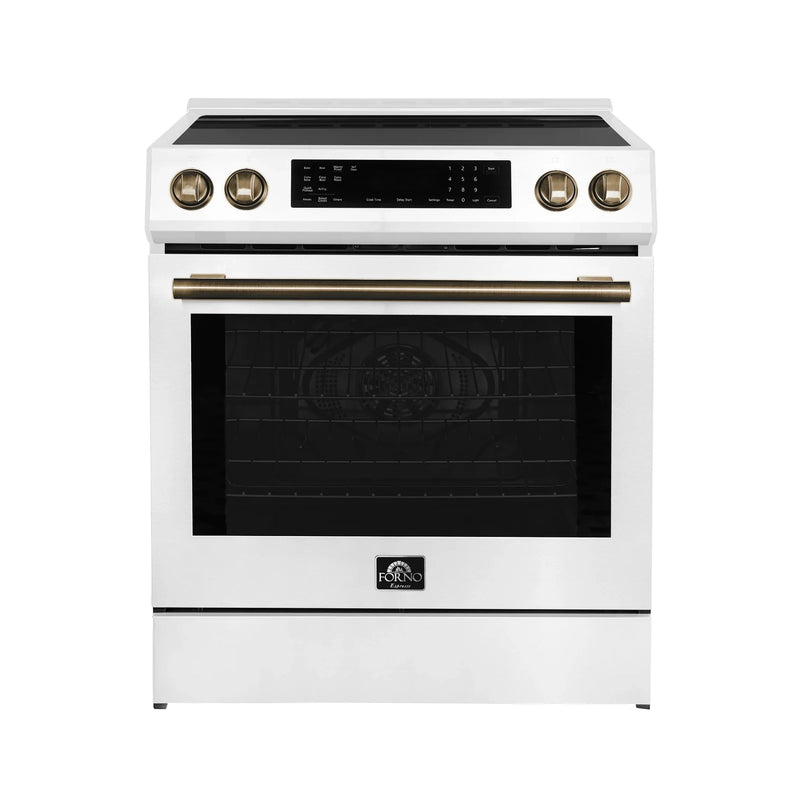 Forno Espresso 3-Piece Appliance Package - 30-Inch Induction Range, Refrigerator and Dishwasher in White with Brass Handle