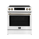 Forno 5-Piece Appliance Package - 30-Inch Inducton Range, Under Cabinet Range Hood, Refrigerator with Water Dispenser, Dishwasher, and 24-Inch Microwave Oven in White with Antique Brass Trim