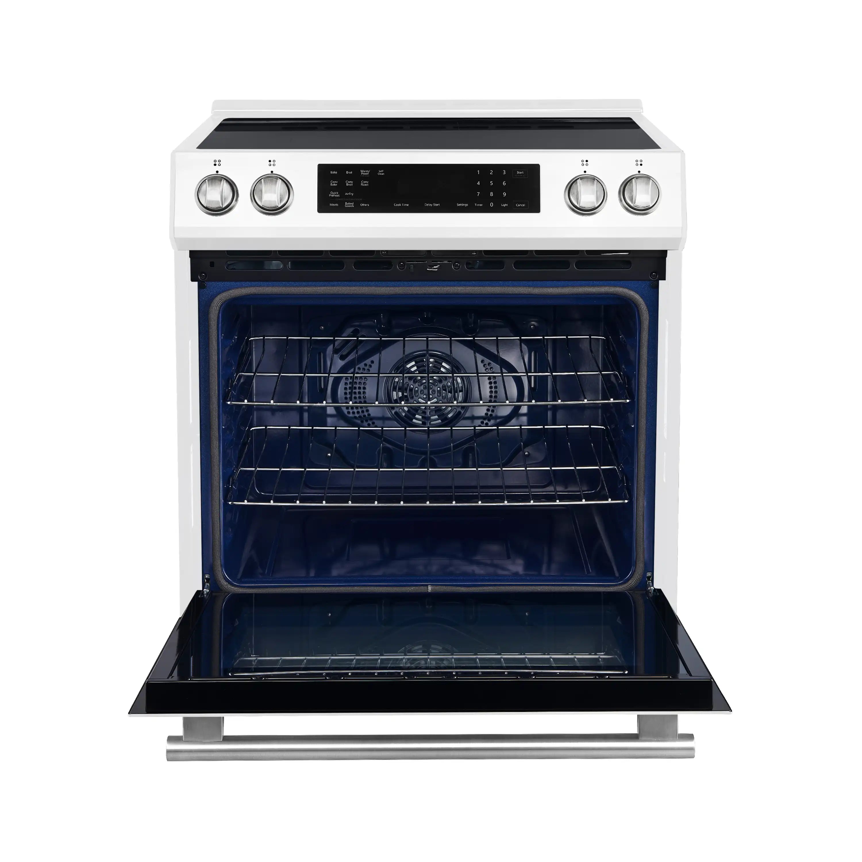 White induction range with open oven door showing blue interior and racks