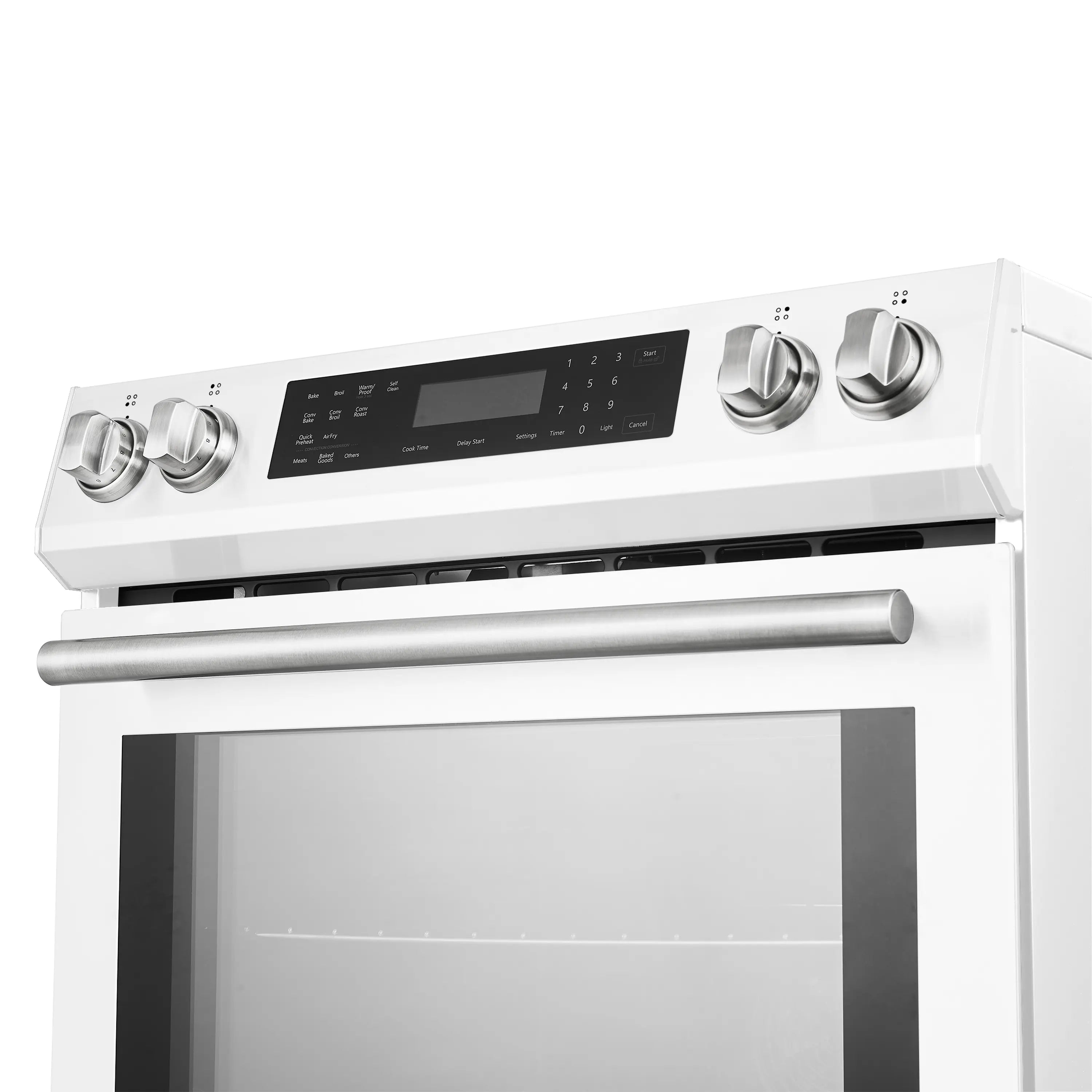 White induction range control panel with four knobs and brushed metal handle bar