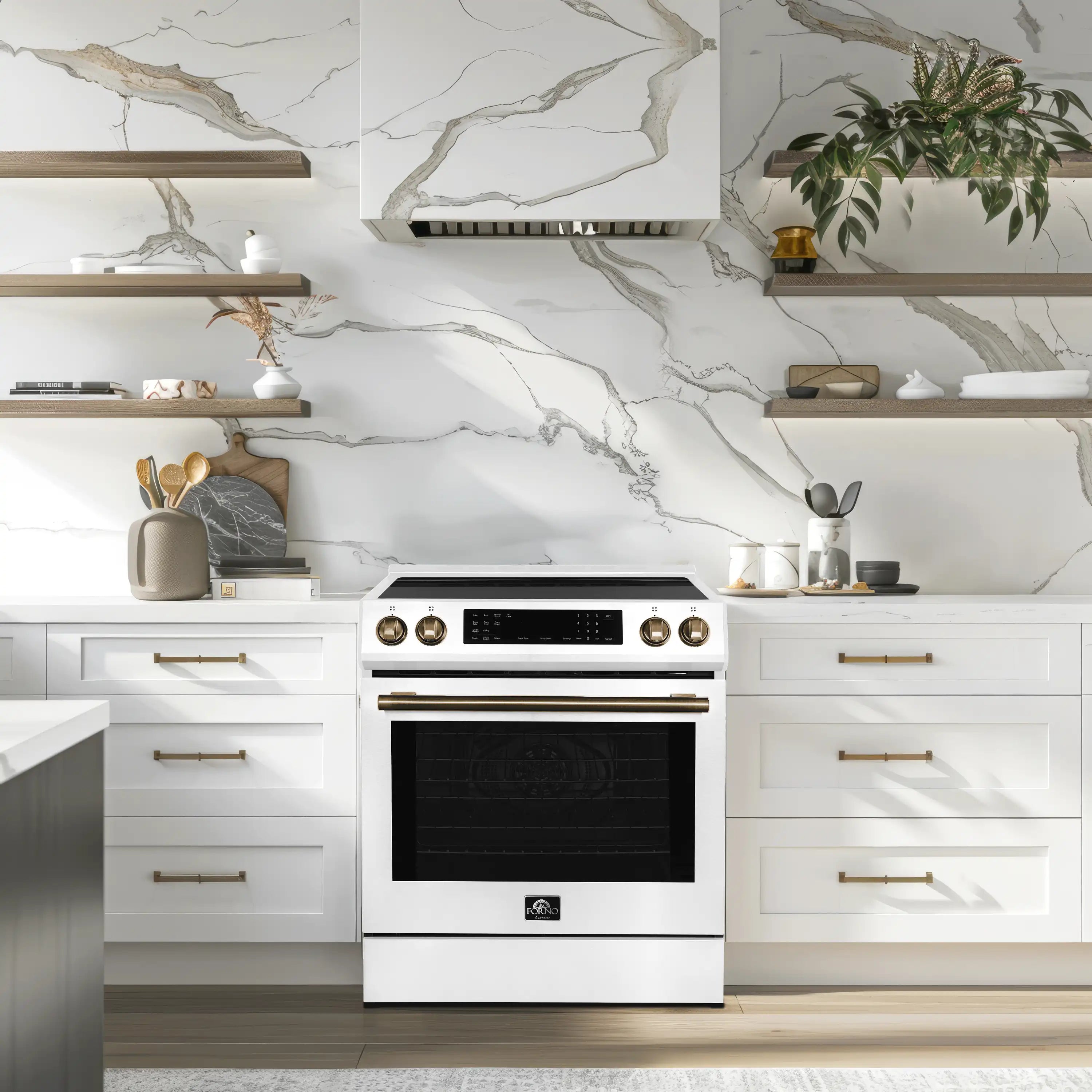 White induction range with brass accents in a kitchen setting, front view.