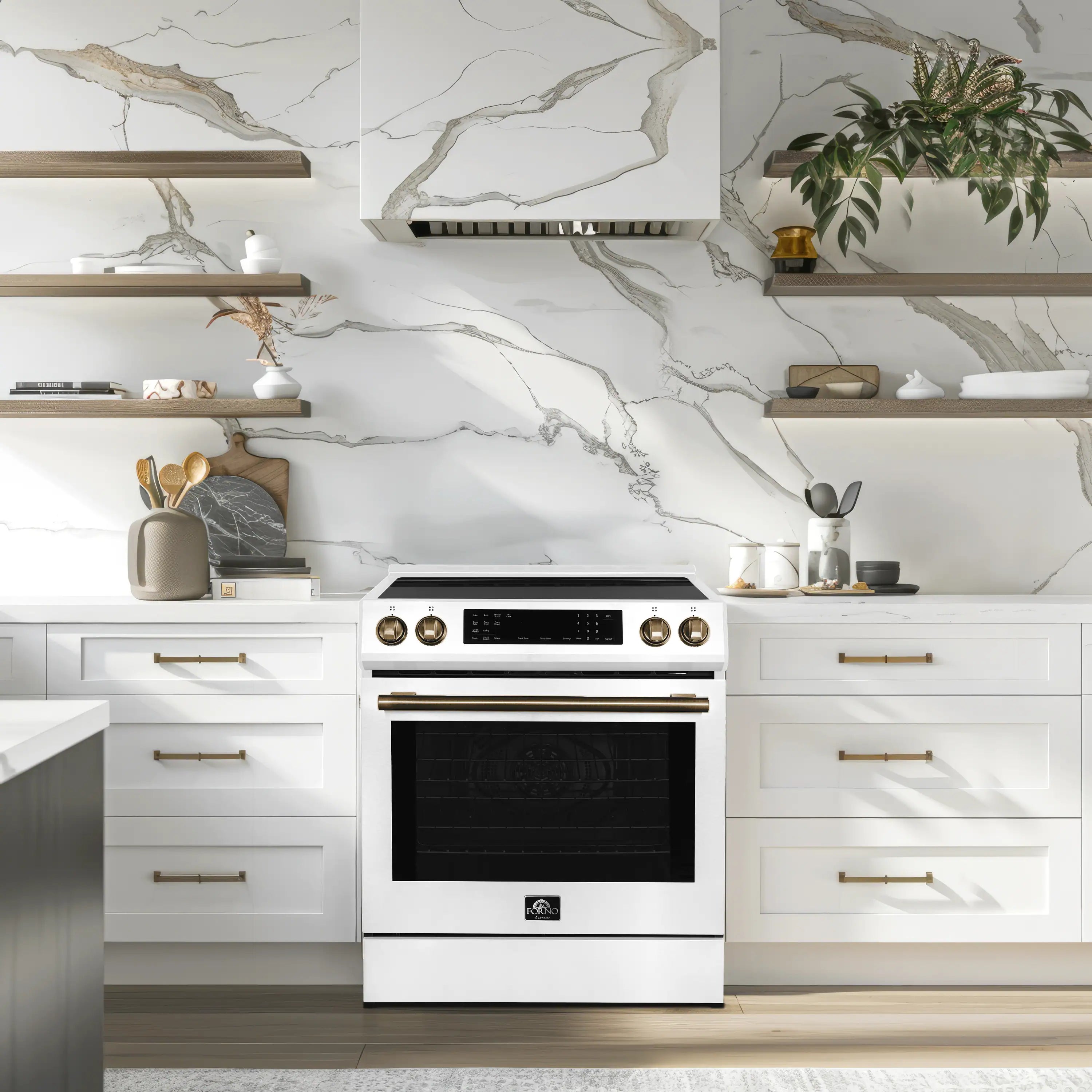 White induction range with digital display and antique brass trim, closed oven