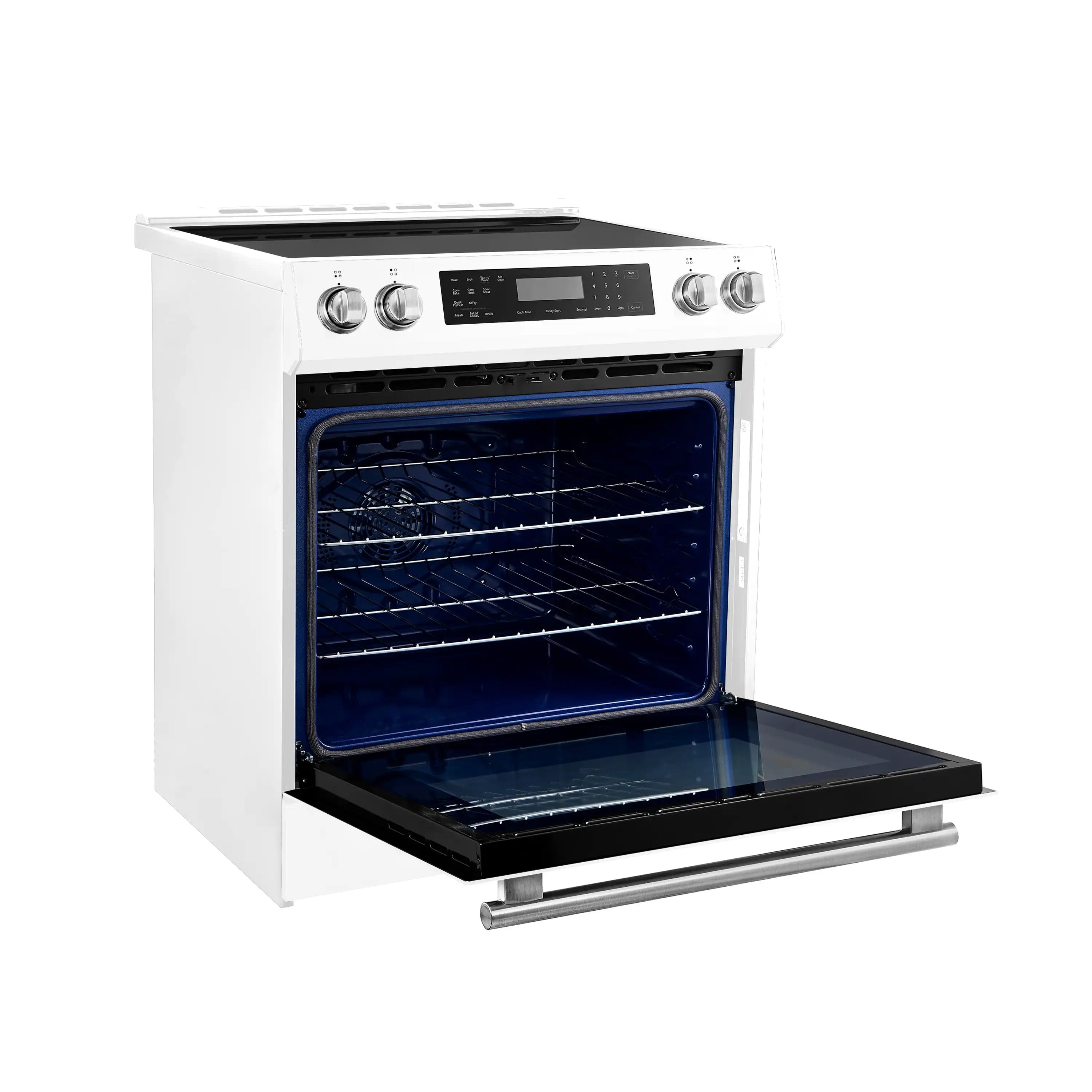 White induction range with oven open, dark blue interior, and extended lower rack.