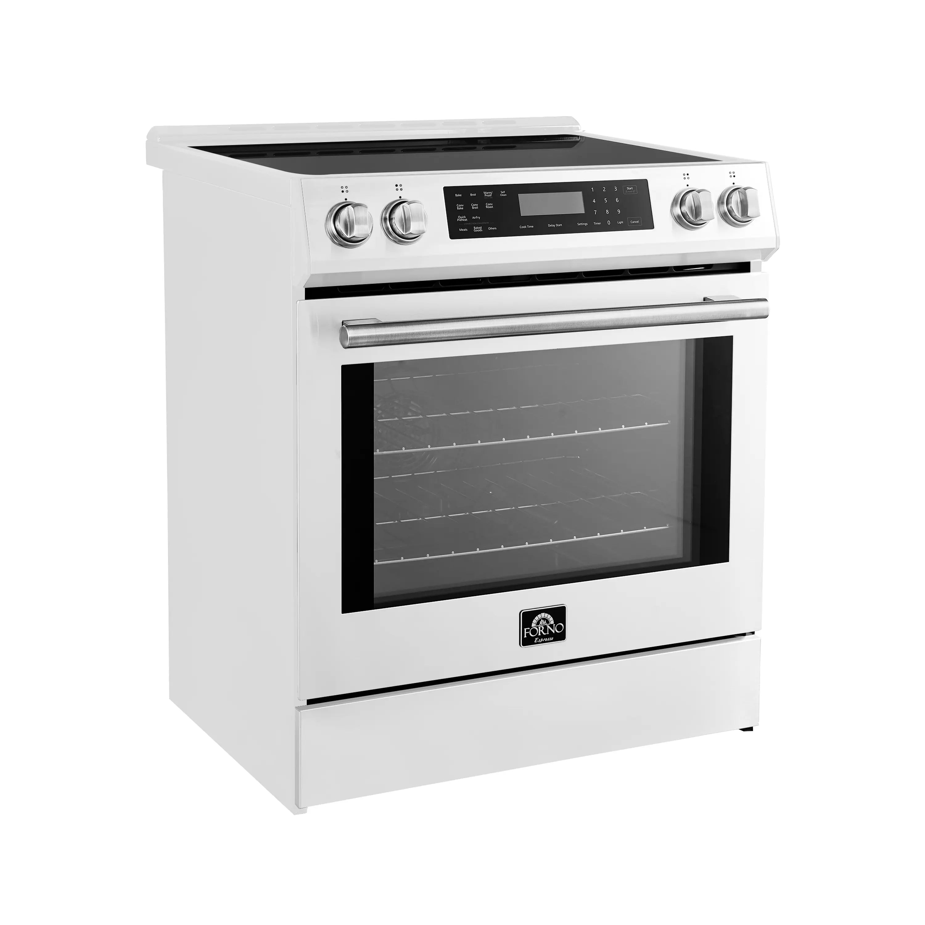 White induction range with stainless oven handle, black window, and digital control panel