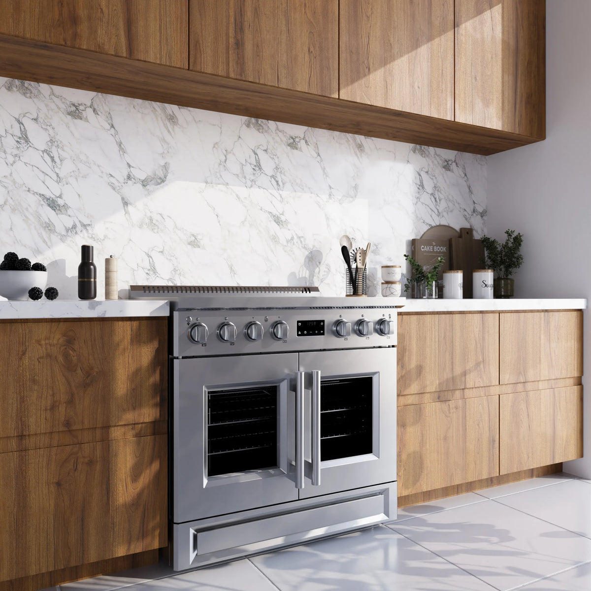 Forno Torino 36-Inch 5.36 Cu. Ft. French Door Induction Range with 5 Elements and True Convection and Air Fry in Stainless Steel shown in a styled kitchen