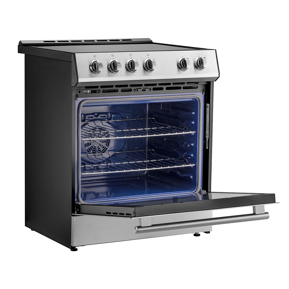 30-inch stainless induction range with oven door open, illuminated oven interior and racks.