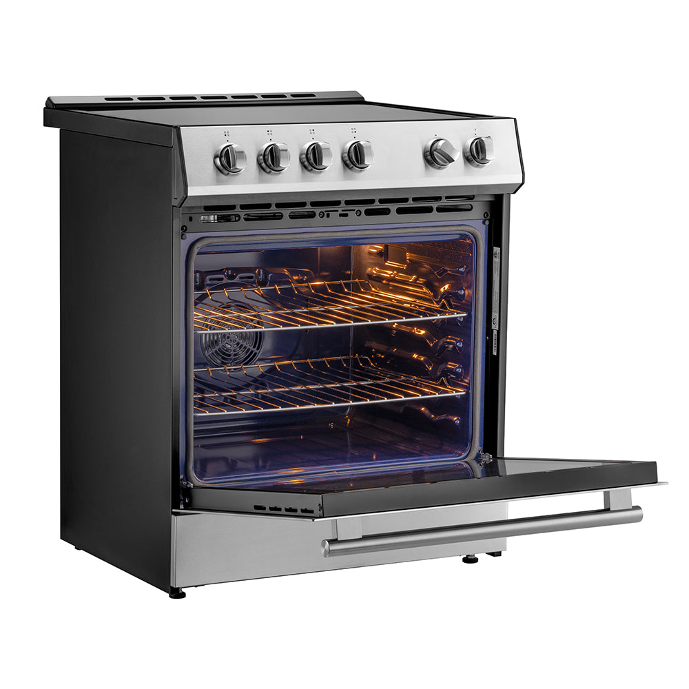 30-inch stainless induction range with oven door open, interior racks visible.