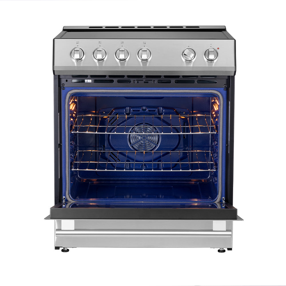 Stainless steel induction range with open oven interior, racks, and glowing heating elements