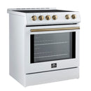 Forno 5-Piece Appliance Package - 30-Inch Induction Range, Under Cabinet Range Hood, Refrigerator, Dishwasher, and 30-Inch Microwave Oven in White with Antique Brass Trim
