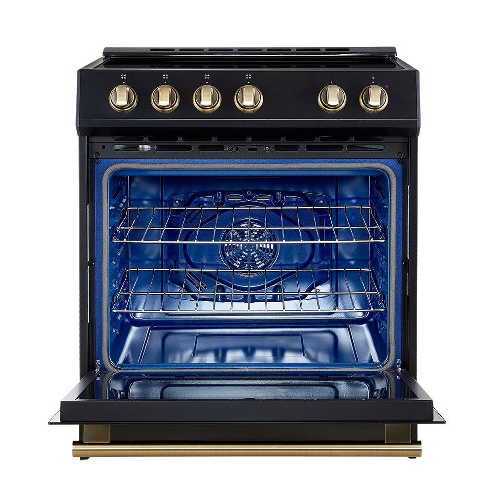 Black induction range oven open, showing blue interior light, rack, and fan
