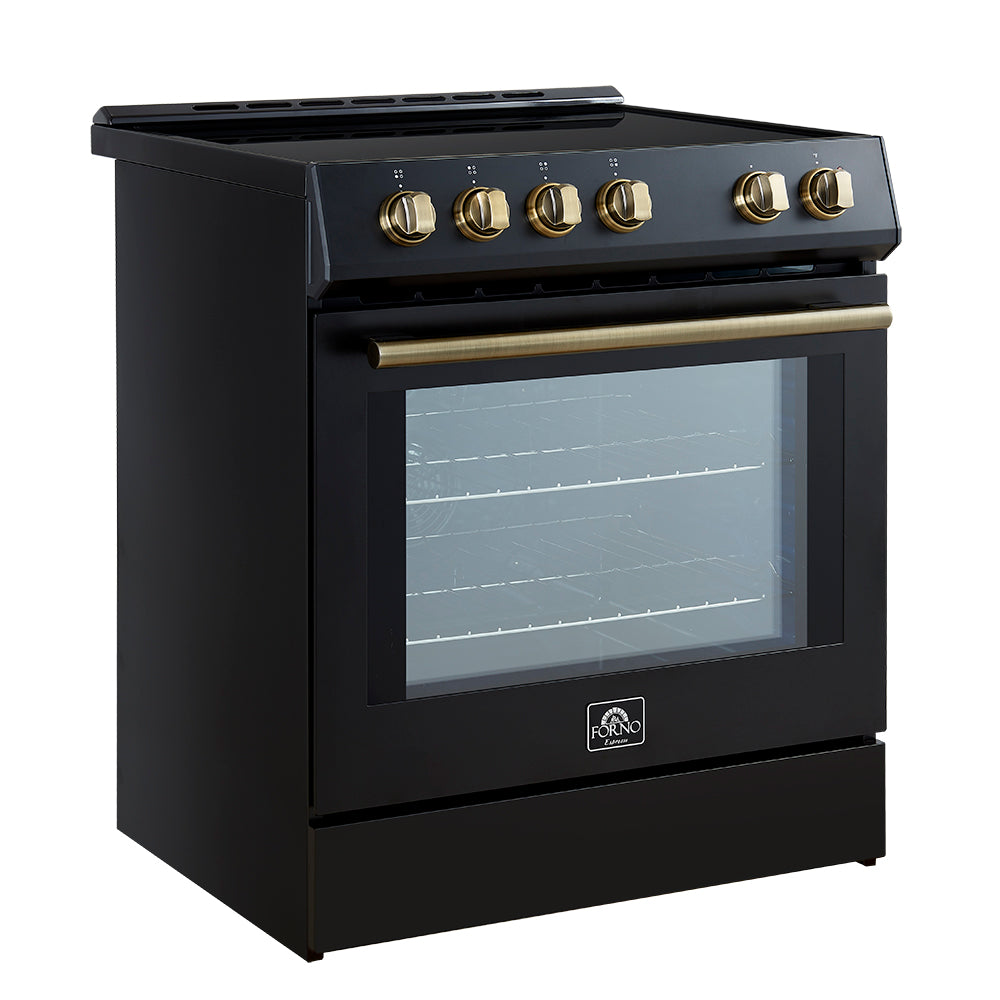 Black induction range front view with brass knobs and oven door window