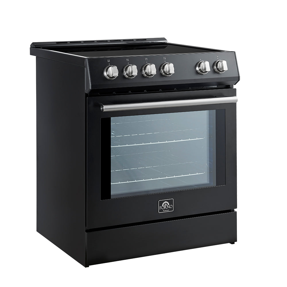 Black induction range with stainless trim and stainless control knobs, front 3/4 view