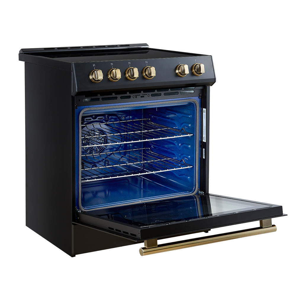 Black induction range oven open with interior light and wire rack
