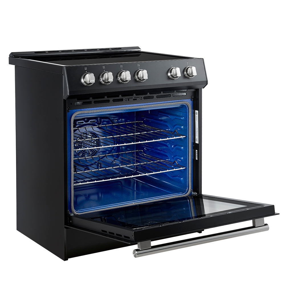 Black induction range with open oven door, blue interior, and wire rack rails