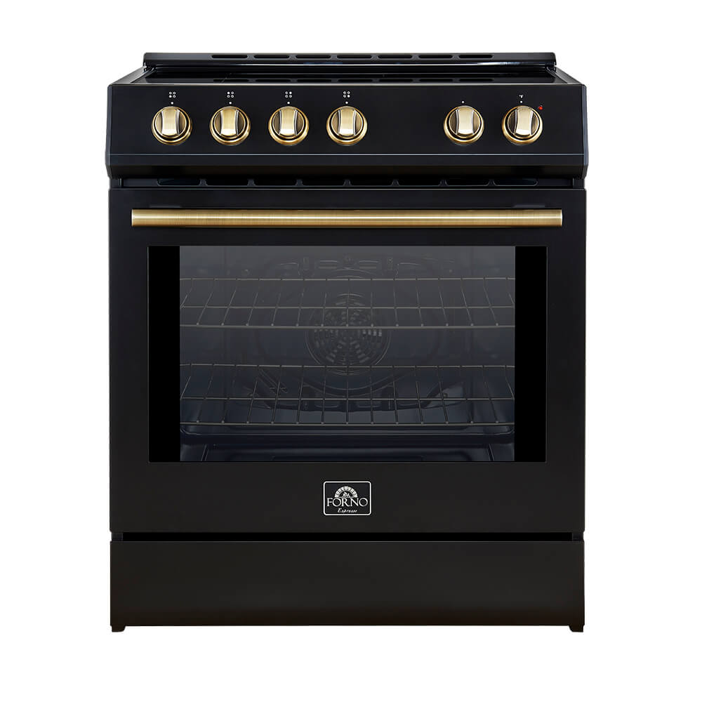 Black induction range with oven window and antique brass control knobs