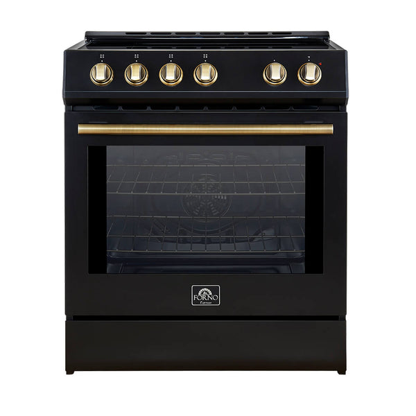 Forno Leonardo Espresso 30-Inch Slide-In Black Induction Range with Antique Brass Trim (FFSIN0982-30BLK)