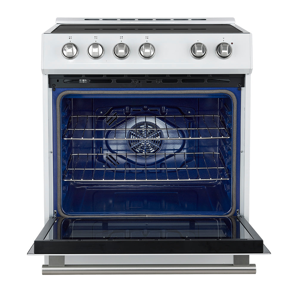 White induction range with oven door open showing blue interior racks and heating element