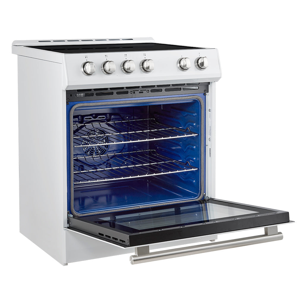 White induction range with open oven door, blue interior and pull-out rack tray