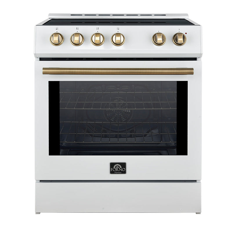 Forno 2-Piece Appliance Package - 30-Inch Slide-In Induction Range and 31-Inch Refrigerator, Right Hinge in White with Antique Brass Handle (FBDL-014-06CAUS)