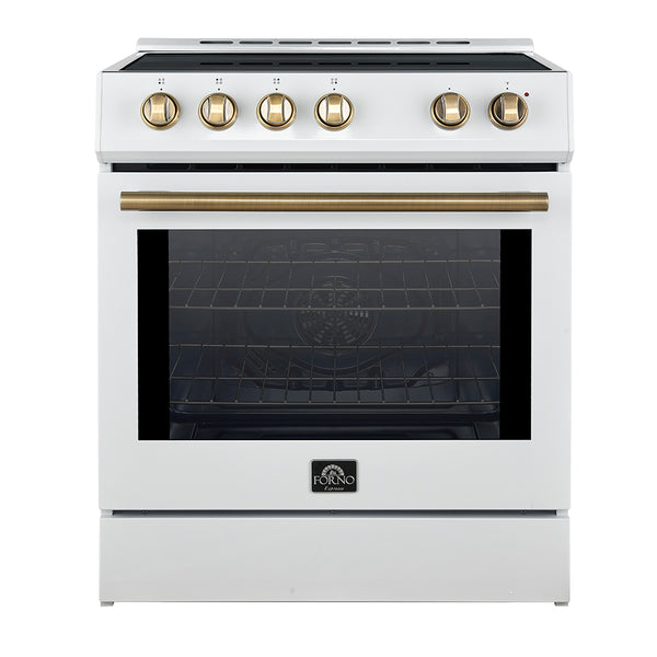 Forno Leonardo Espresso 30-Inch Slide-In White Induction Range with Antique Brass Trim (FFSIN0982-30WHT)