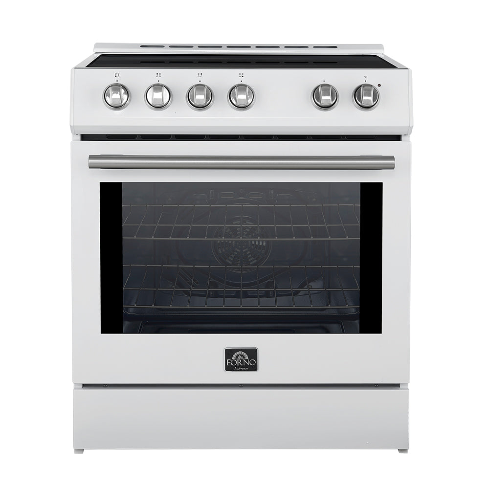 White 30-inch induction range with stainless trim, control knobs, and glass oven door