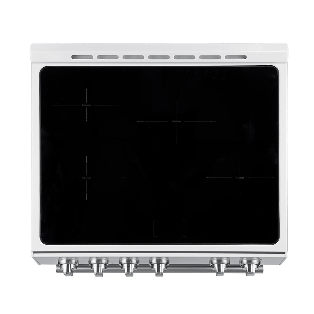 White induction range control panel with black glass cooktop and burner knobs