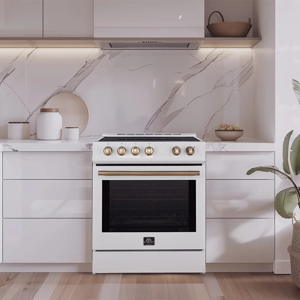 Forno Espresso 30-Inch 5 Cu. Ft. Induction Range with 4 Elements in White with Antique Brass Trim shown in a styled kitchen