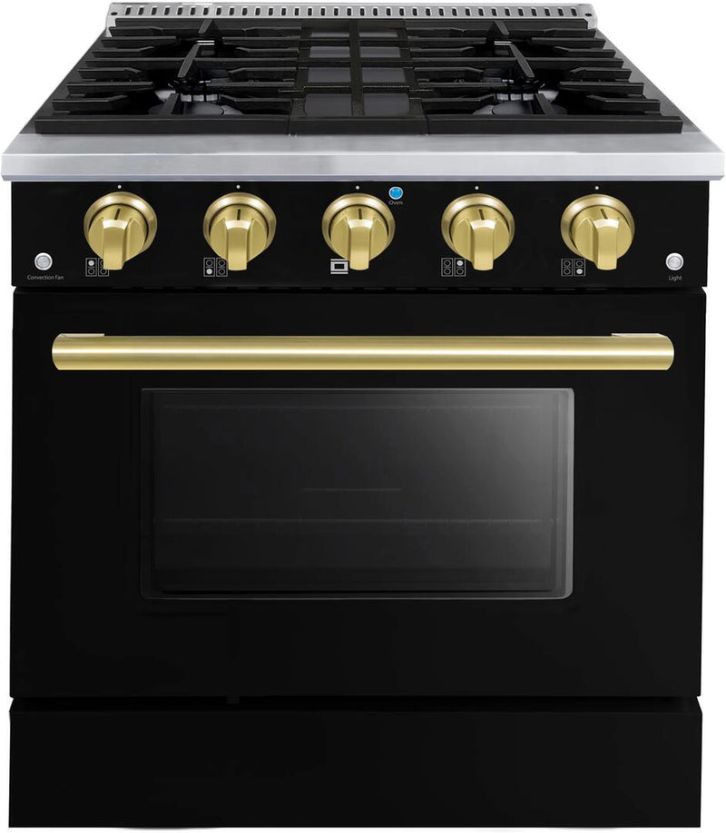 Forte 30-Inch Freestanding Natural Gas Range with 4 Sealed Burners, 3.53 cu. ft. Oven in Black with Brass Trim (FGR304BBBBR)