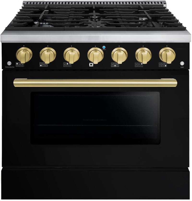 Forte 36-Inch Freestanding All Gas Range with 5 Sealed Burners in Black with Brass Trim (FGR366BBBBR)