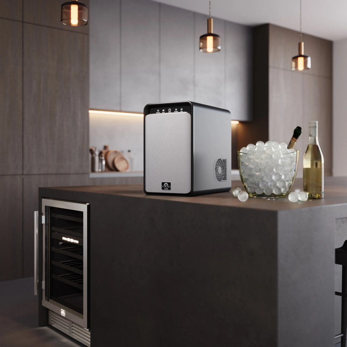 Forno Sferico 11-Inch Countertop Ice Maker with 32 Clear 2-Inch Slow-Melting Ice Spheres Daily in Black shown in a styled kitchen