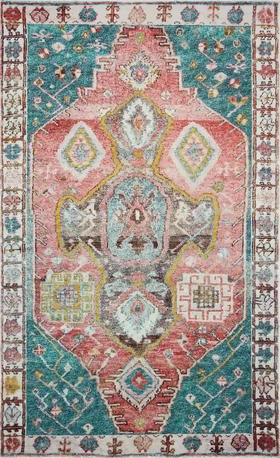 Multicolor medallion area rug with teal ground, pink accents, and detailed border