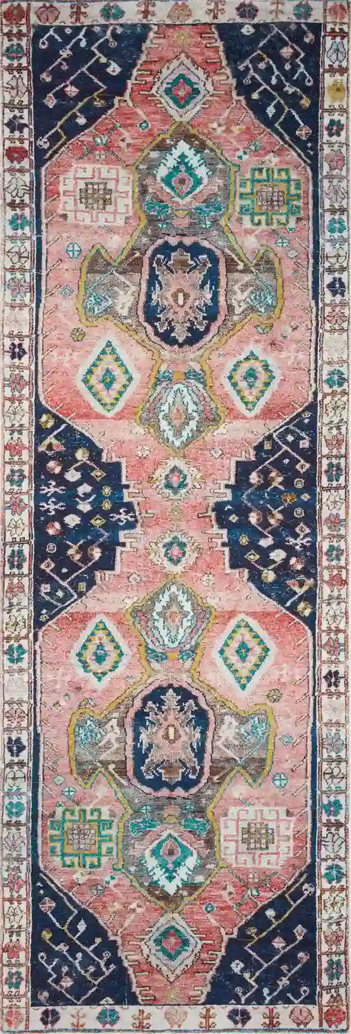 Runner rug with navy border and central multicolor medallion geometric motif in rust and ivory