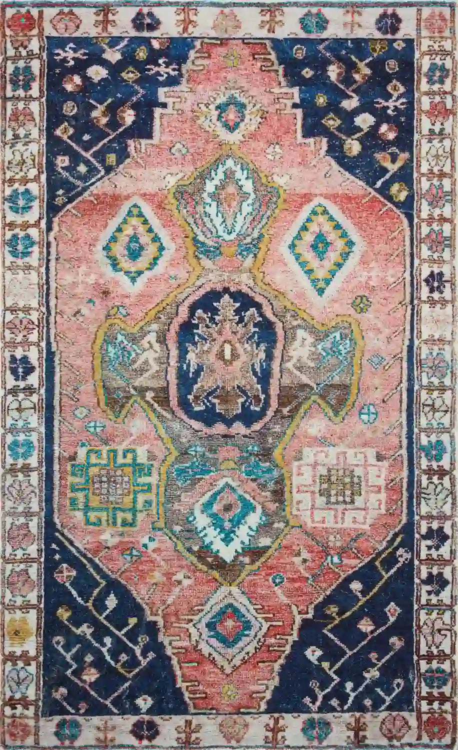 Loloi Fiona contemporary accent rug with navy ground, pink-rust medallion and cream field.