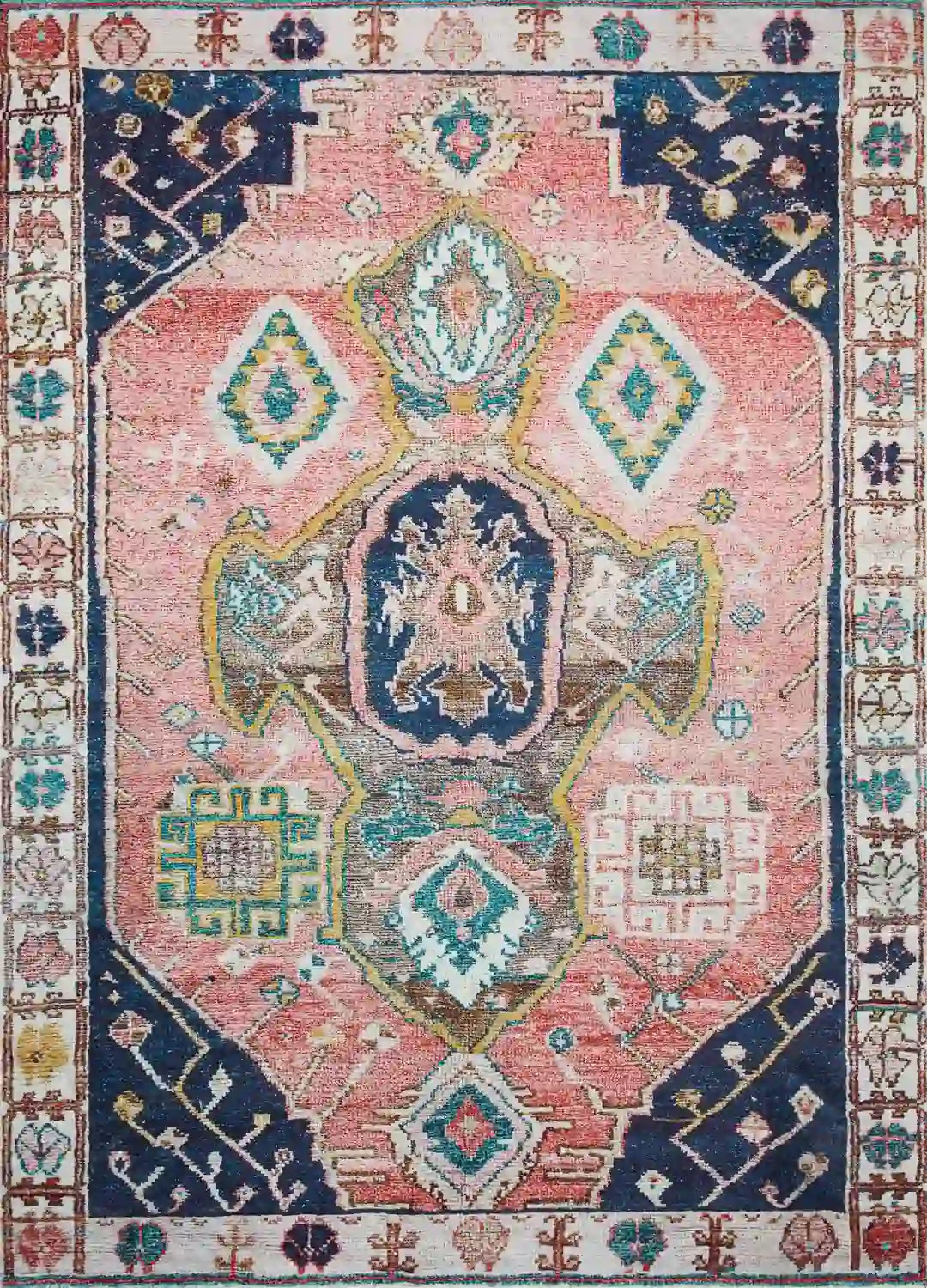 Contemporary area rug with navy, rust, cream and teal geometric medallion pattern
