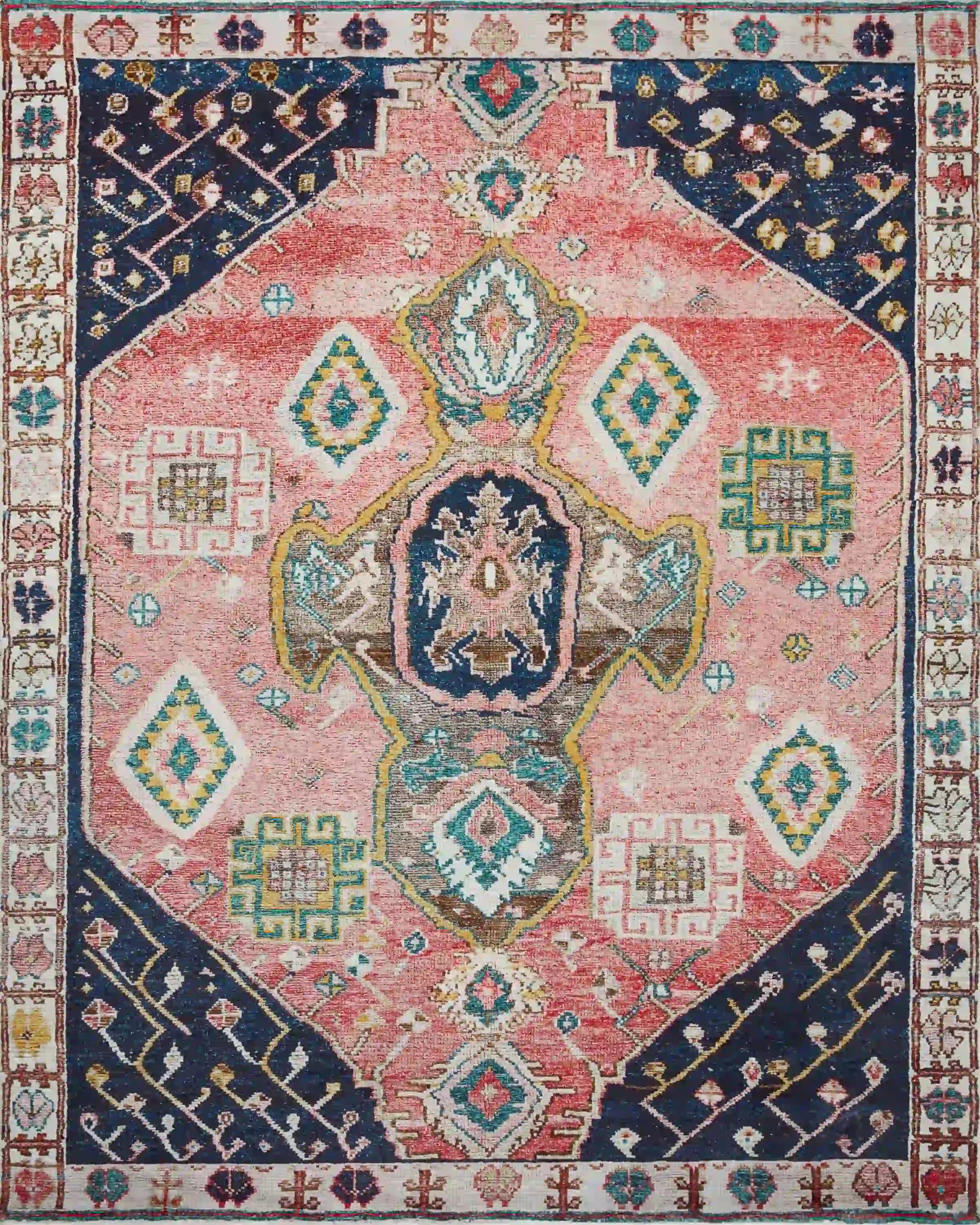 Center medallion multicolor area rug with navy outer border and pink rust background
