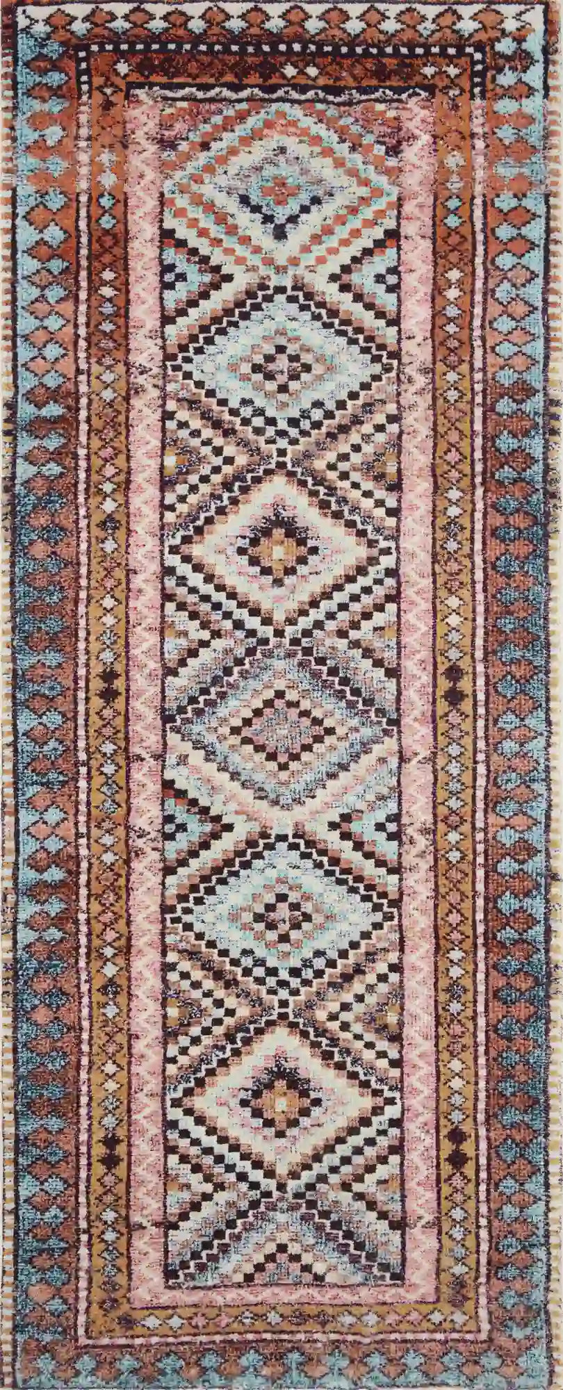 Geometric accent rug, coral and blue on light ground, 2' x 5'