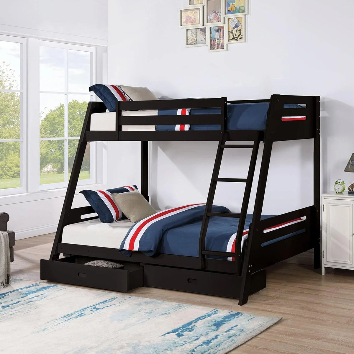 Dark brown twin-over-twin bunk bed with angled ladder, guardrails, and underbed drawers