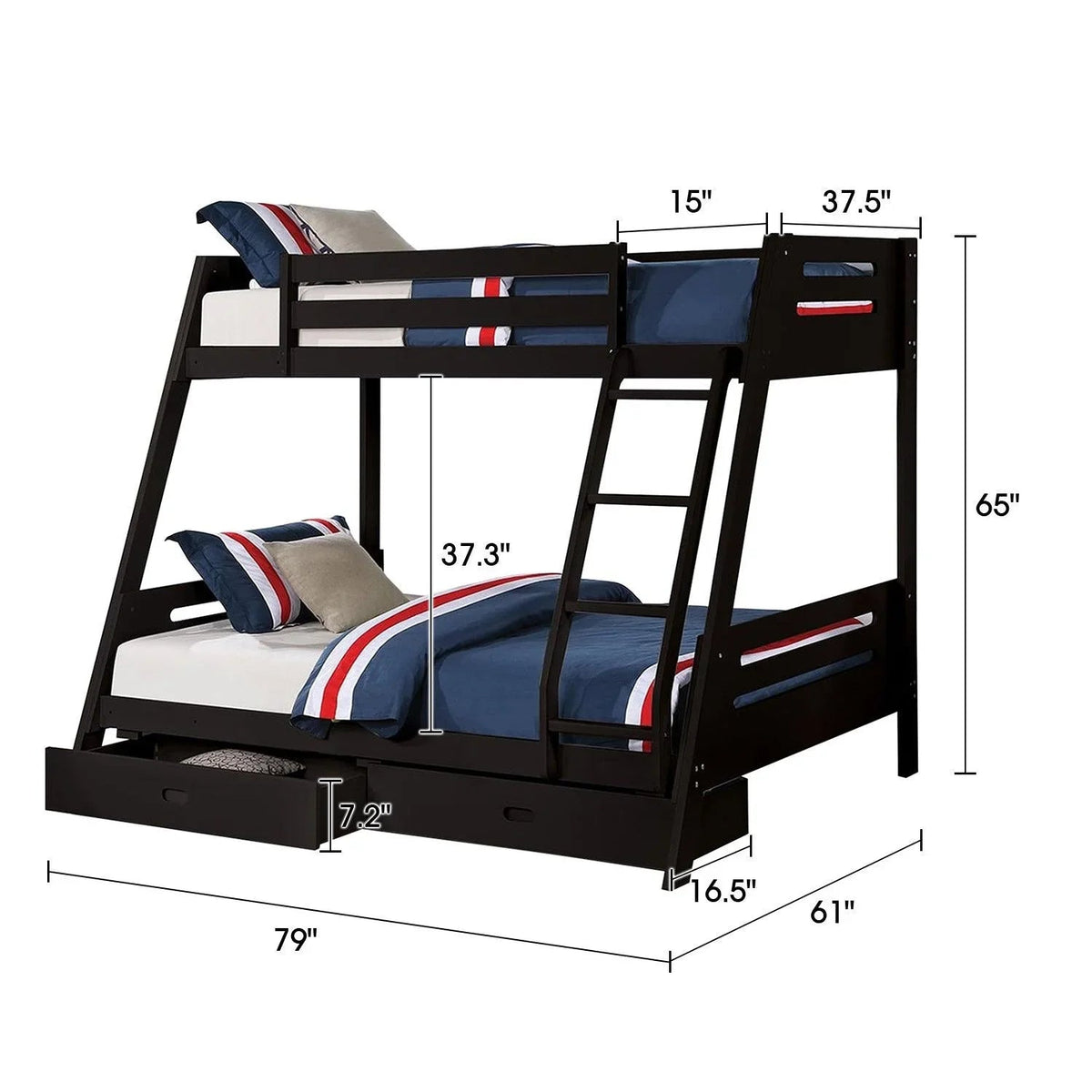 Black twin bunk bed with angled ladder, guard rails, and two underbed drawers; dark bedding
