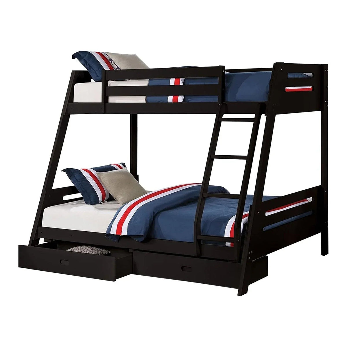 Dark brown twin-over-twin bunk bed with angled ladder, guardrails, and drawer storage