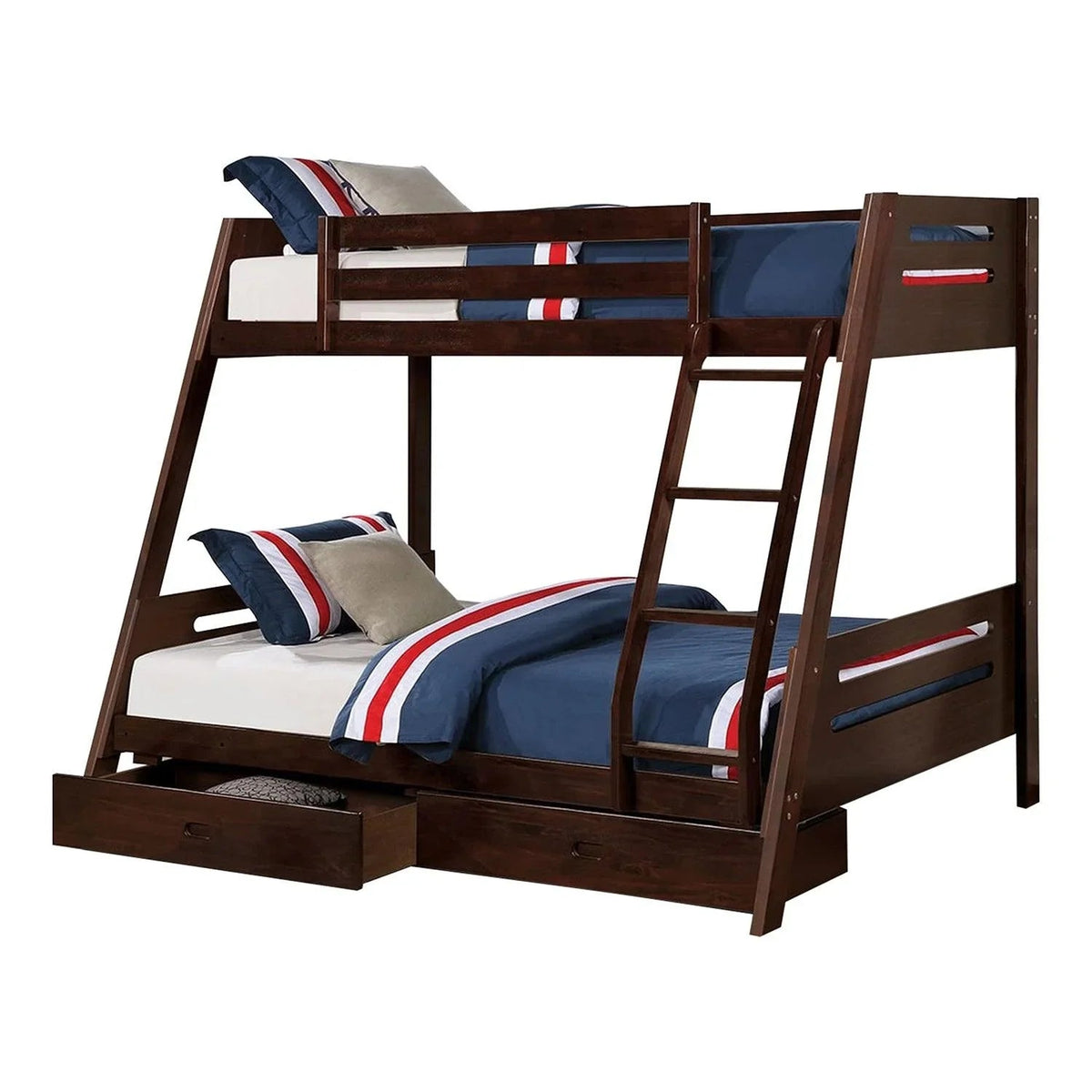 Dark brown twin-over-twin bunk bed with angled ladder and striped bedding on both levels