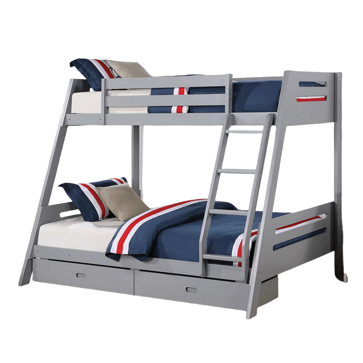 Gray twin bunk bed with angled ladder and guard rails; two underbed drawers and blue bedding
