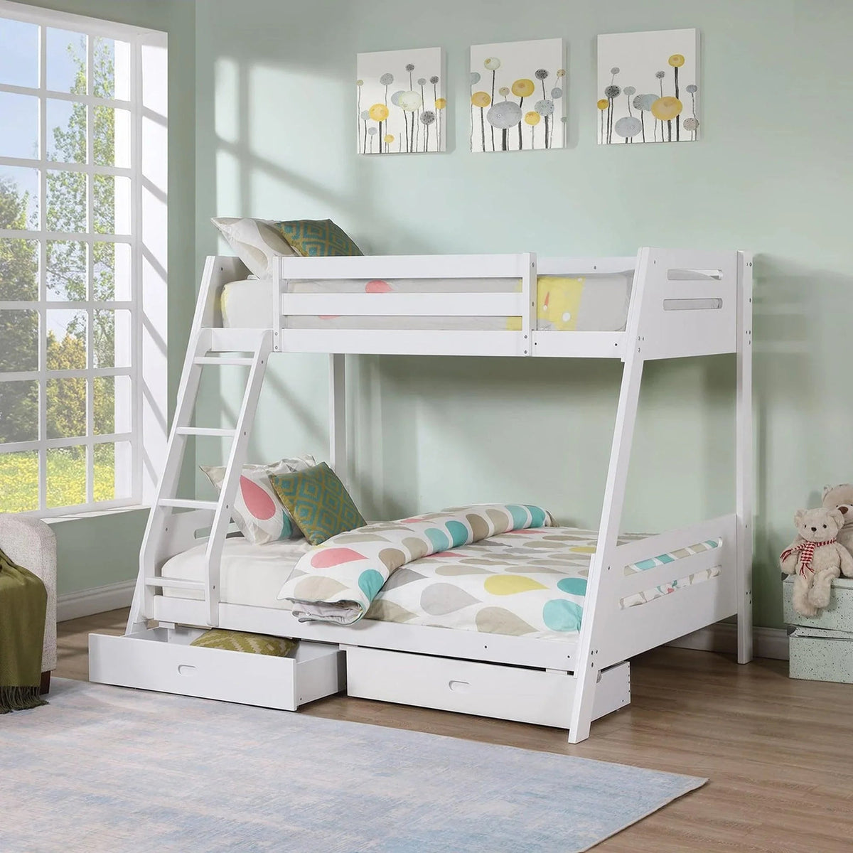 White twin bunk bed with angled ladder, guard rails, and underbed drawers in a room