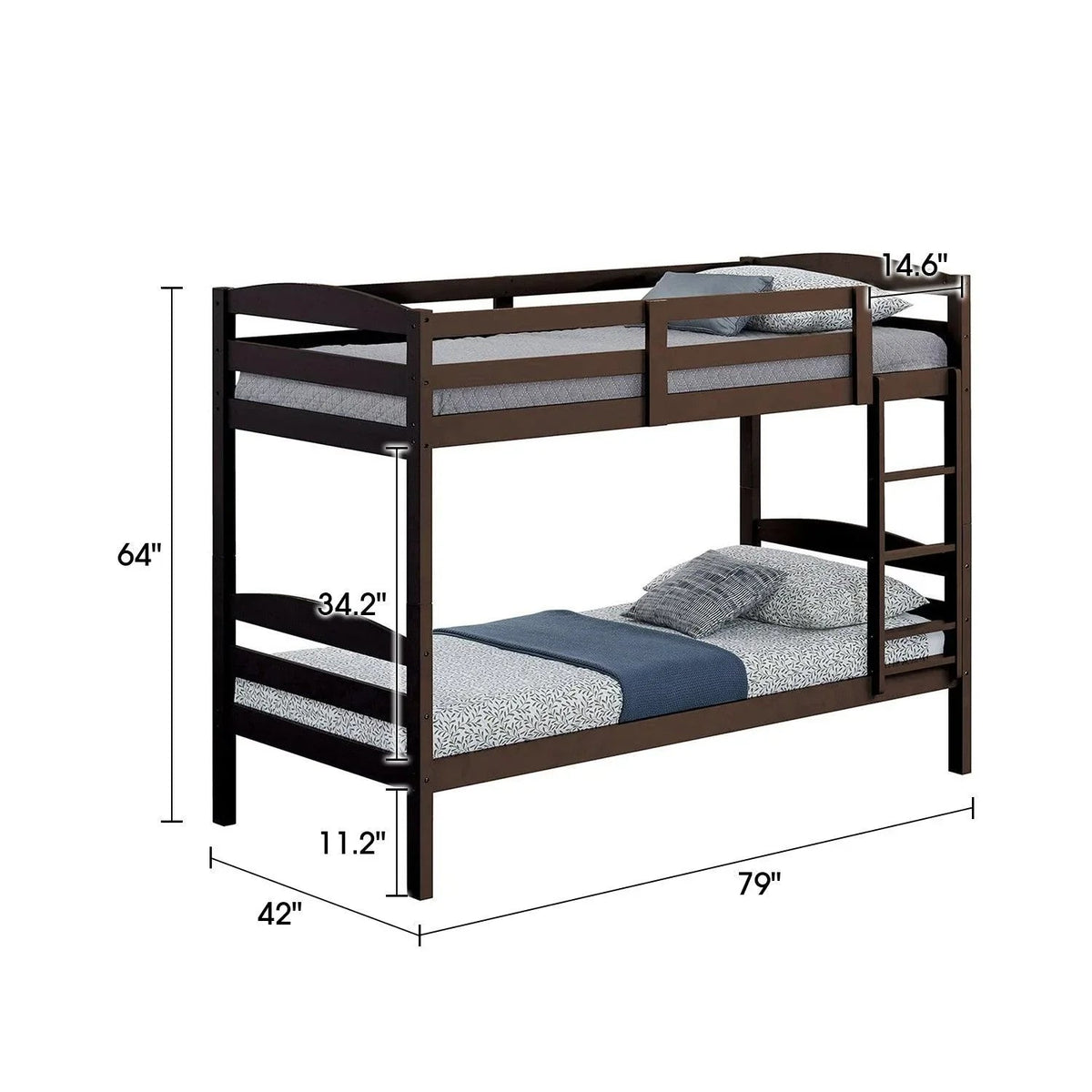 Dark brown twin-over-twin bunk bed with ladder and guard rails, two decks shown