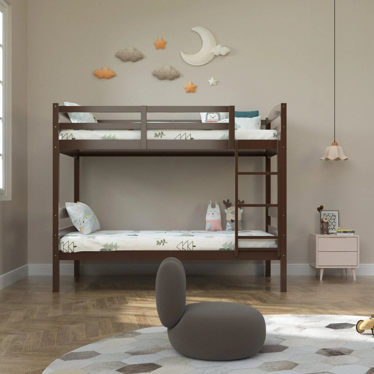 Gray-brown twin over twin bunk bed with ladder and guard rails, solid wood frame