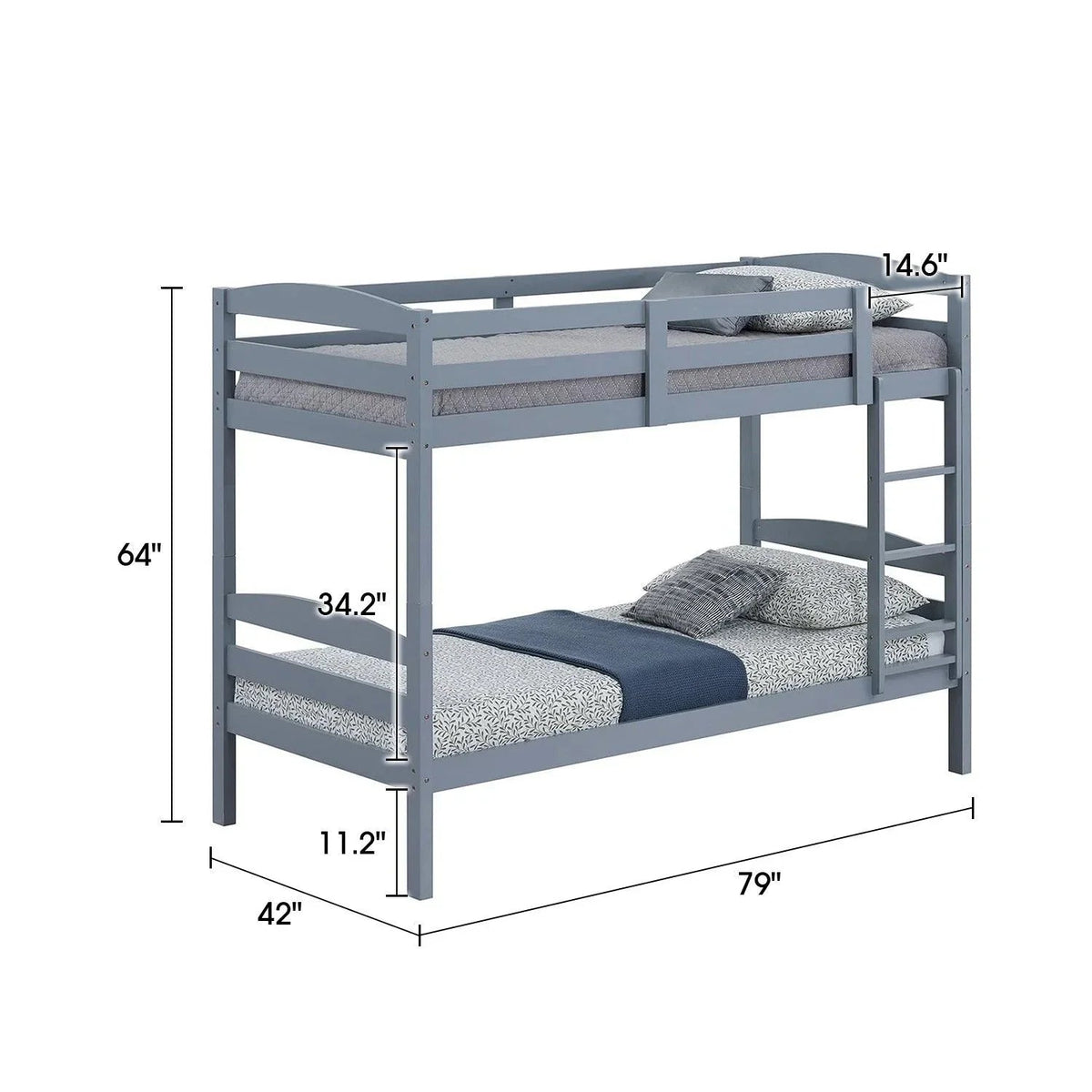 Light blue twin-over-twin bunk bed with ladder, guard rails, and two mattress decks