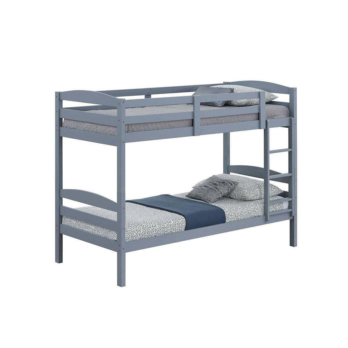 Light blue twin over twin bunk bed with ladder and guard rails, solid wood frame