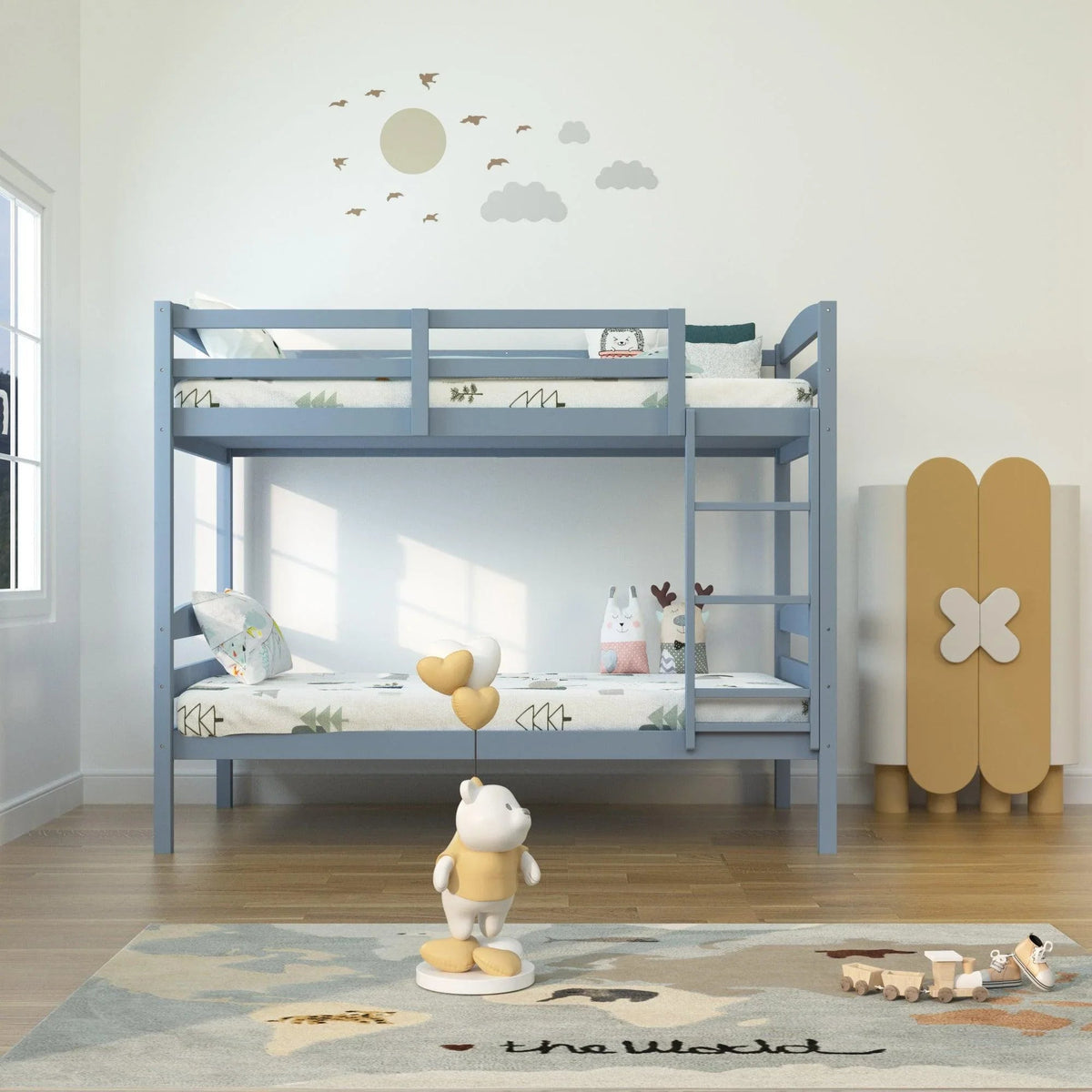Light blue twin over twin bunk bed with ladder and guard rails, solid hardwood-style frame